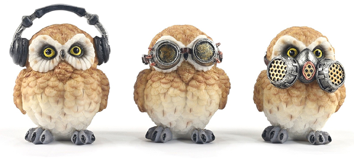 Set Of 3 Steampunk Owls Hear Speak, & See No Evil